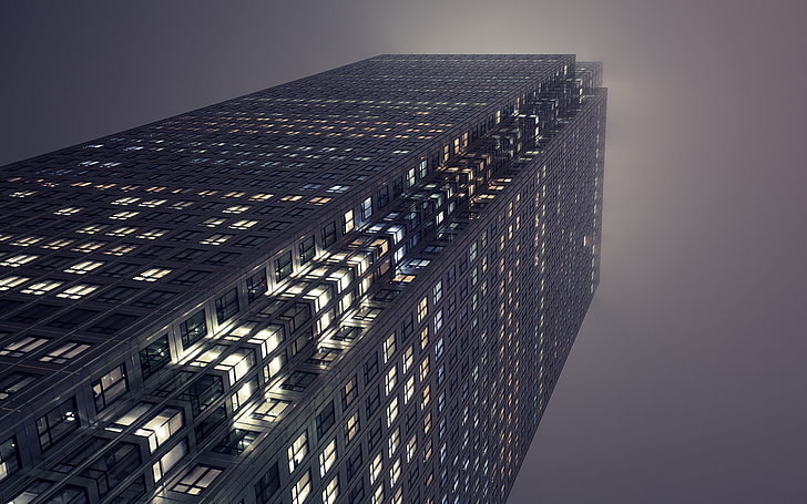 визуальная концепция здания, небоскреб, червяк, туман, ночь, здание, HD обои