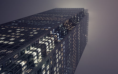 konsep bangunan visual, gedung pencakar langit, pandangan mata cacing, kabut, malam, bangunan, Wallpaper HD HD wallpaper