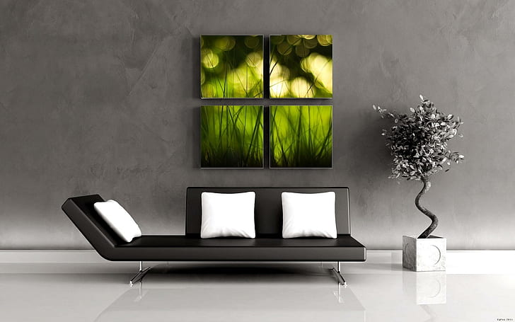 Zen Room, black leather chaise lounge, green, room, bonsai, sofa, interier, nature and landscapes, HD wallpaper