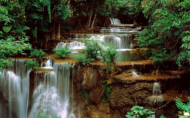 fotografia time-lapse di cascate, natura, cascata, alberi, insenature, cespugli, Sfondo HD