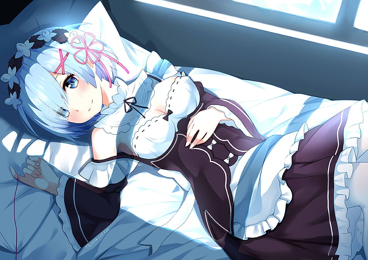 illustration de personnage féminin aux cheveux bleus, anime, anime girls, Re: Zero Kara Hajimeru Isekai Seikatsu, Rem (Re: Zero), cheveux courts, cheveux bleus, yeux bleus, lit, Fond d'écran HD