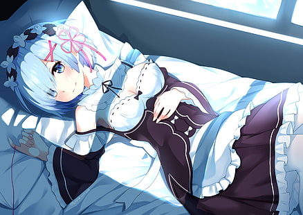 голубоволосый женский персонаж, иллюстрация, аниме, аниме девушки, Re: Zero Kara Hajimeru Isekai Seikatsu, Rem (Re: Zero), короткие волосы, синие волосы, голубые глаза, кровать, HD обои HD wallpaper