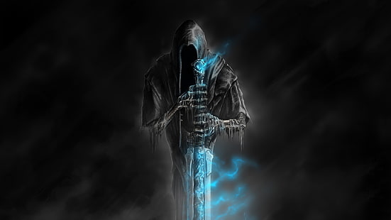Fondo de pantalla de Grim Reaper, muerte, oscuridad, huesos, horror, arte, llama azul, un artefacto mágico, Nazgul, Bienvenido al infierno, Sawan, Fondo de pantalla HD HD wallpaper