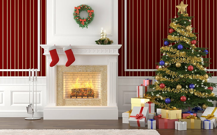 Празник, Коледа, 3D, коледни орнаменти, коледно дърво, камина, подарък, HD тапет