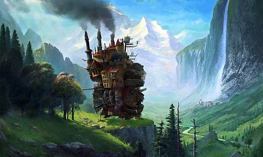 brown tree house illustration, Hayao Miyazaki, Howl's Moving Castle, mash-ups, digital art, fantasy art, anime, HD wallpaper HD wallpaper