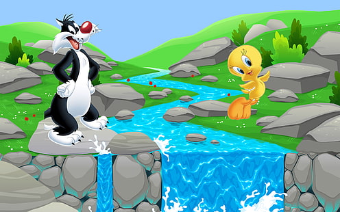 Tweety And Sylvester Cat Cartoons River Falls Desktop Hd Wallpaper för surfplatta och pc 1920 × 1200, HD tapet HD wallpaper