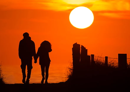 silhouette of man and woman holding hands while walking wallpaper, the sun, pair, silhouettes, HD wallpaper HD wallpaper