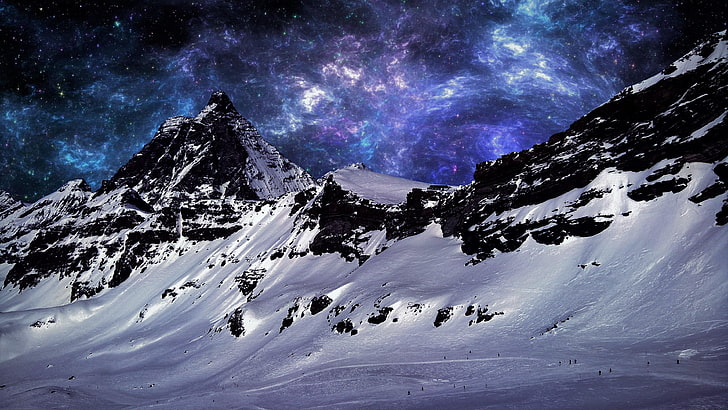 небе, природа, планина, зима, сняг, пространство, Клайн Майнхорн, Цермат, Швейцария, звездно небе, планинска верига, нощ, ледников релеф, HD тапет