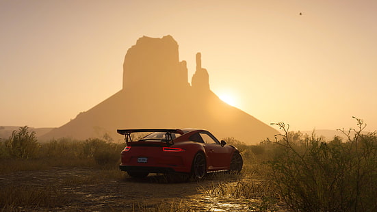 puesta de sol, 911, Porsche, juego, Ubisoft, GT3 RS, The Crew 2, Fondo de pantalla HD HD wallpaper