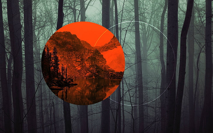 red and black trees wallpaper, nature, dark, forest, polyscape, trees, circle, digital art, HD wallpaper