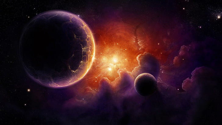 Вспышка света космического пространства, фиолетовая черно-оранжевая планета, фэнтези, 1920x1080, свет, звезда, планета, HD обои