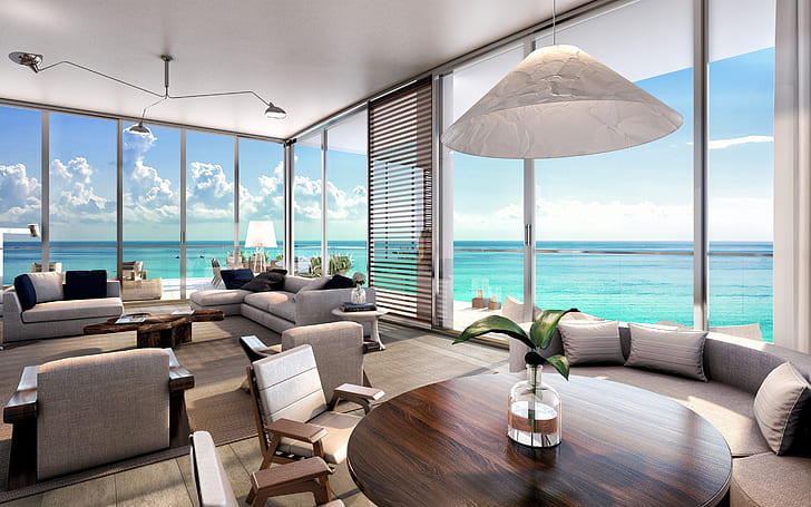 Гостиная Beach Residences, гостиная, пляж, океан, интерьер, комната, дизайн, HD обои