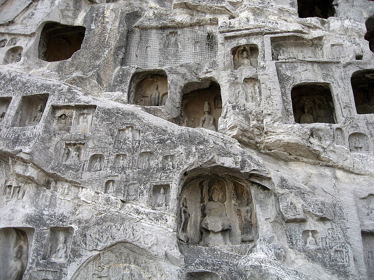 gray concrete building, longman grottoes, cave, figure, sculpture, HD wallpaper