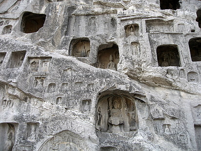 gray concrete building, longman grottoes, cave, figure, sculpture, HD wallpaper HD wallpaper