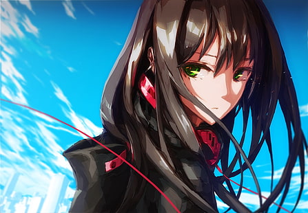 illustration de personnage d'anime aux cheveux longs noir, Shibuya Rin, cheveux longs, casque, ciel, nuages, filles anime, anime, Fond d'écran HD HD wallpaper