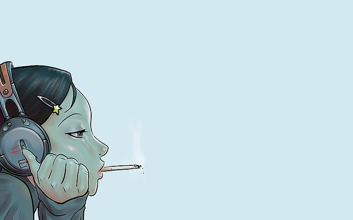 merokok, gadis anime, wanita, rokok, headphone, karya seni, latar belakang sederhana, Wallpaper HD