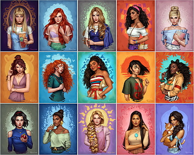 kobiety, blondynka, ruda, brunetka, krótkie włosy, heban, kot, Disney, Alicja w Krainie Czarów, Mała Syrenka, Kopciuszek, Aladyn, Mulan, Śpiąca Królewna, Królewna Śnieżka, Moana, Hercules, Pocahontas, sukienka, Fernanda Suarez, Tapety HD HD wallpaper