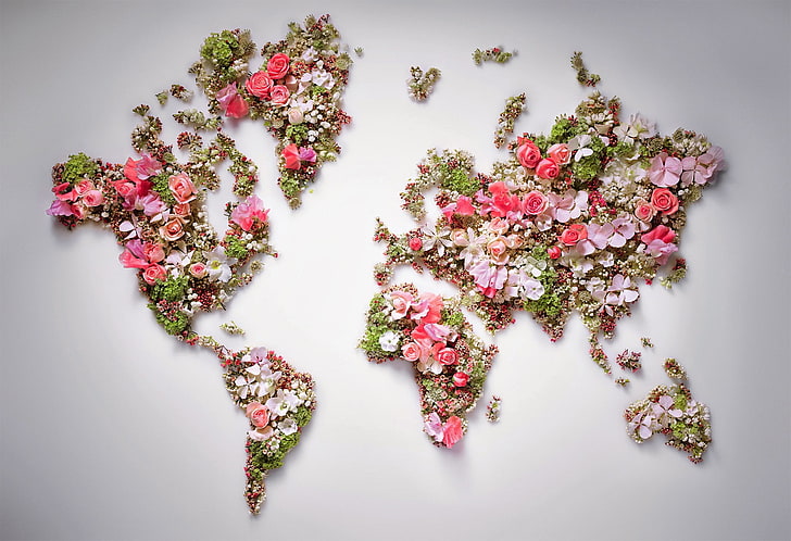 世界の花の地図、世界、花、世界地図、 HDデスクトップの壁紙