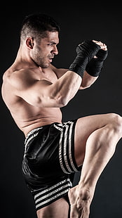 Кикбоксер, мужские черно-белые шорты, спорт, бокс, HD обои HD wallpaper