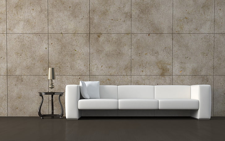sofá de cuero blanco, sofá, almohadas, mesa, noche, luz, Fondo de pantalla HD