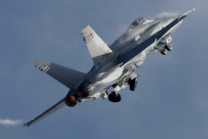 F-18 Hornet Take-off, szary myśliwiec, linia lotnicza, skrzydło, samolot, lotniskowiec, samoloty, Tapety HD