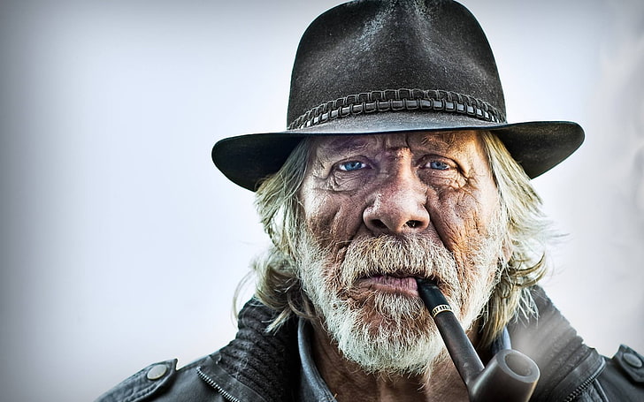 old people, pipes, men, hat, beards, blue eyes, smoking, HD wallpaper