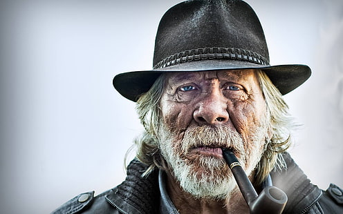 gamla människor, rör, män, hatt, skägg, blå ögon, rökning, HD tapet HD wallpaper
