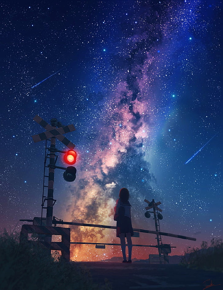 starry sky, anime, galaxy, stars, shooting stars, railway crossing, HD wallpaper