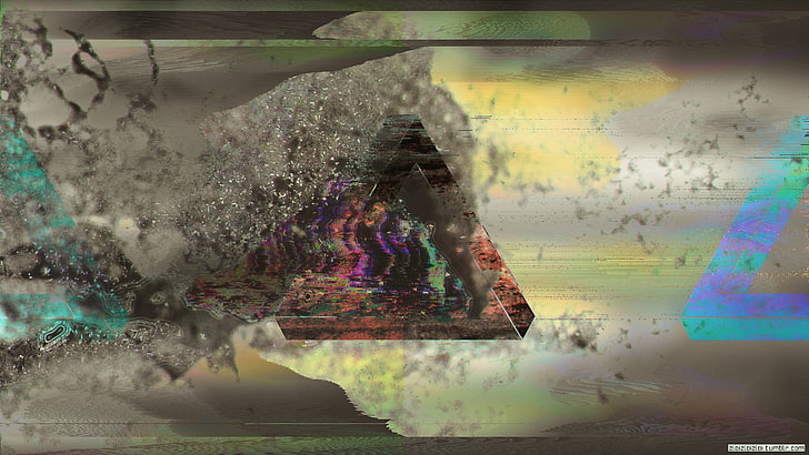 brown and green house near body of water painting, glitch art, abstract, triangle, smoke, HD wallpaper