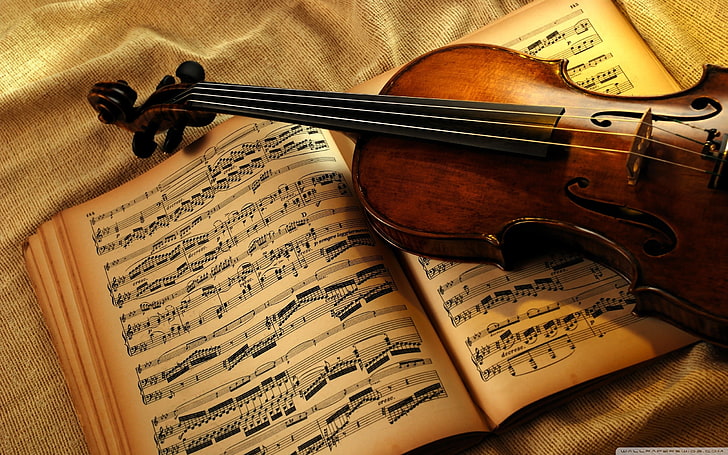 갈색 바이올린, 바이올린, 책, 노트, 종이, 끈, HD 배경 화면