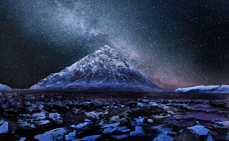 Milkyway Over Scottish Highlands, snow-covered mountain, Europe, United Kingdom, Nature, Beautiful, Landscape, Scenery, Amazing, Scotland, Outdoors, Highlands, Impressive, stunning, marvelous, Outstanding, astrophotography, remarkable, extraordinary, astonishing, buachailleetivemor, glencoe, HD wallpaper