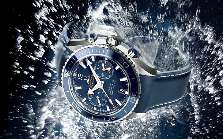 Jam tangan dalam percikan air, omega kulit hitam tali jam kronograf bulat, fotografi, 2560x1600, air, arloji, Wallpaper HD