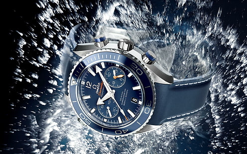 Jam tangan dalam percikan air, omega kulit hitam tali jam kronograf bulat, fotografi, 2560x1600, air, arloji, Wallpaper HD HD wallpaper