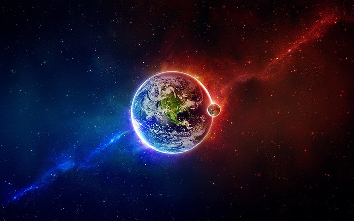 planet Earth and moon, illustration of planet Earth, space, abstract, colorful, Earth, planet, universe, space art, Moon, digital art, stars, galaxy, render, HD wallpaper