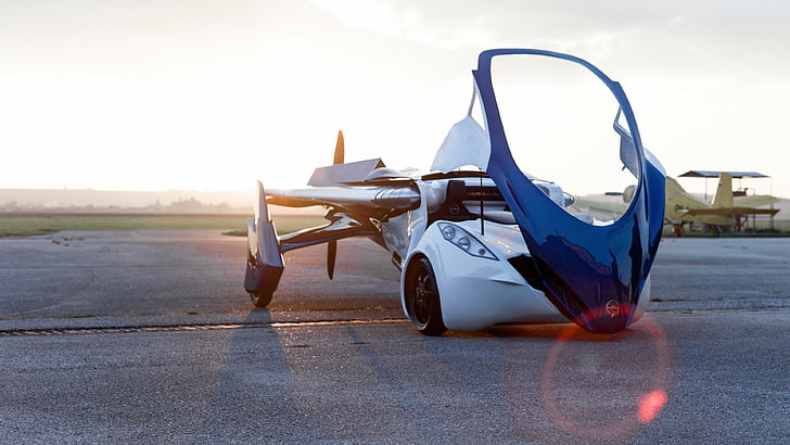 weißes und blaues Coupé, AeroMobil 3.0, Konzept, Auto, Flugzeug, fliegendes Auto, Prototyp, Landebahn, Front, Probefahrt, HD-Hintergrundbild