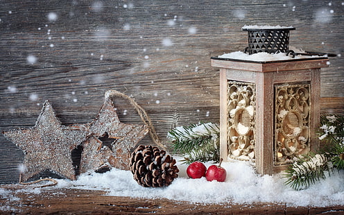 Christmas, New Year, lantern, cones, stars, snow, HD wallpaper HD wallpaper