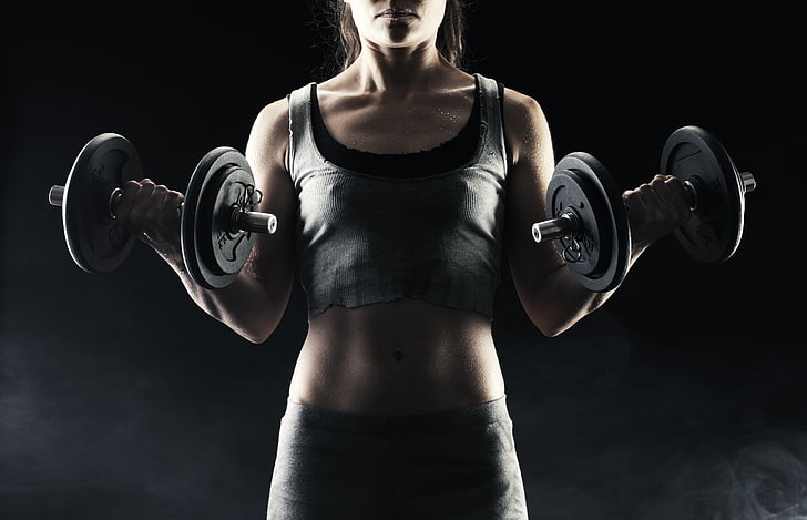 pair of black steel dumbbells, woman, exercise, fitness, torso, dumbbells, HD wallpaper