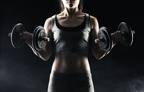 par de halteres de aço pretos, mulher, exercício, fitness, torso, halteres, HD papel de parede HD wallpaper