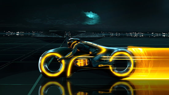illustrazione di moto Tron nera e gialla, film, Tron: Legacy, Light Cycle, Sfondo HD HD wallpaper