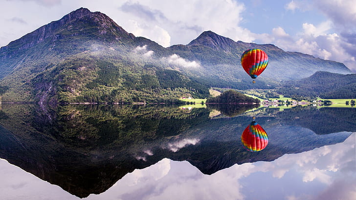 気球、山、湖、反射、気球、山、湖、反射、 HDデスクトップの壁紙