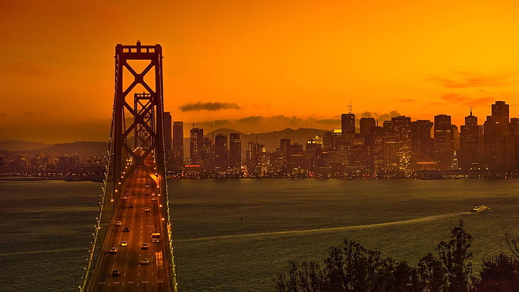 rascacielos, Oakland Bay, Estados Unidos, Estados Unidos, San Francisco, Oakland Bay Bridge, San Francisco Oakland Bay Bridge, noche, puente, paisaje urbano, puesta de sol, metrópoli, cielo, hito, cielo naranja, ciudad, horizonte, Fondo de pantalla HD