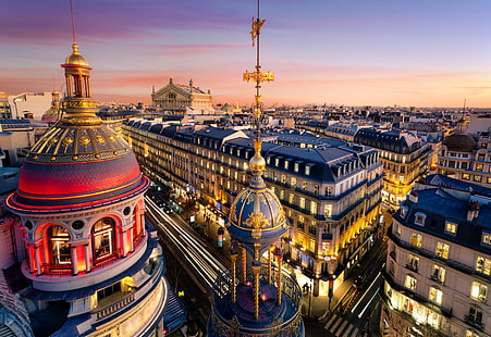 白と赤のドームの建物、都市、フランス、パリ、建物、家、夜、屋根、宮殿、ドーム、イルドフランス、グランドオペラ、オペラ座、パリオペラ、 HDデスクトップの壁紙 HD wallpaper