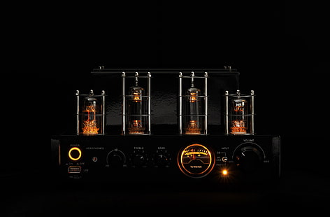 black stereo component, music, lamp, sound, dark, black background, amplifier, the intensity, tube amplifier, HD wallpaper HD wallpaper