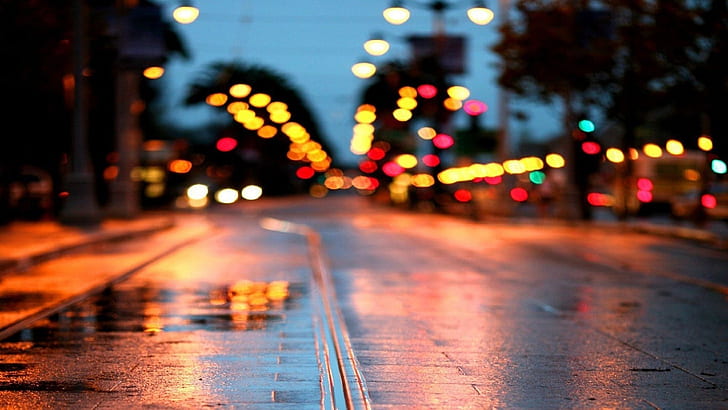 bokeh lights, night, light, evening, reflection, lighting, road, street light, sky, tree, rain, city lights, city, wet, road surface, HD wallpaper
