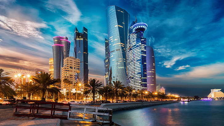 doha, cityscape, skyscrapers, qatar, metropolis, landmark, skyline, evening, HD wallpaper