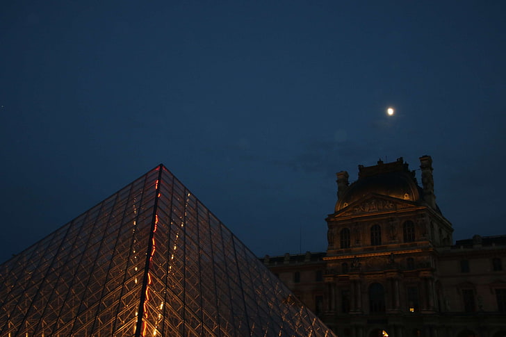 architecture, construction, evening, france, french, glass, louvre, moon, night, paris, silhoutte, sky, HD wallpaper