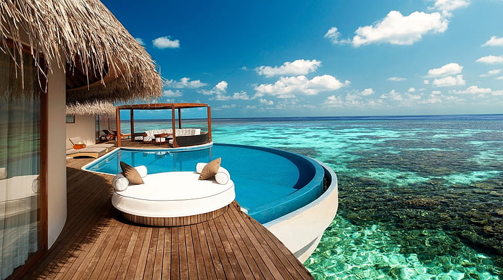 kursi berpelukan putih, Samudra Pasifik, hotel, laut, pantai, kolam renang, tropis, Wallpaper HD
