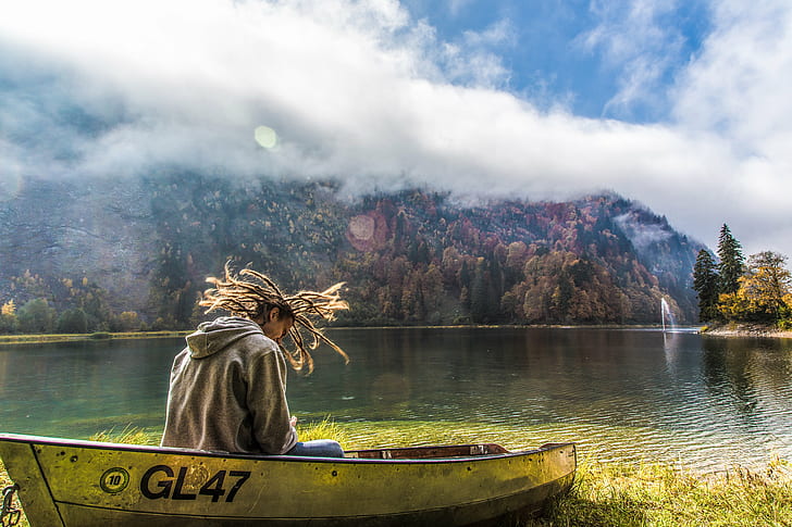 person riding row boat during day time, FEEL, person, row boat, day, time, HDR, Glarus, Glarnerland, Schweiz, Swiss, Rasta, Dreads, Smoke, creative  commons, photography, wendelin, lake, nature, outdoors, forest, mountain, water, people, nautical Vessel, landscape, women, scenics, men, tree, HD wallpaper