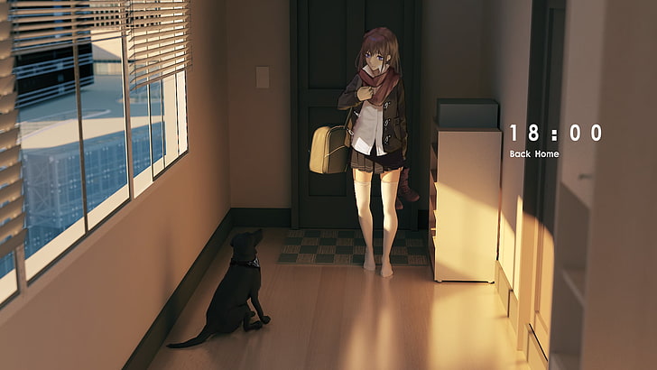 ilustrasi karakter anime wanita berambut coklat, gadis anime, anjing, stoking putih, Wallpaper HD
