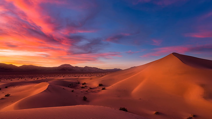 ilustrasi gurun, gurun, pemandangan, matahari terbit, bukit pasir, bukit, Wallpaper HD